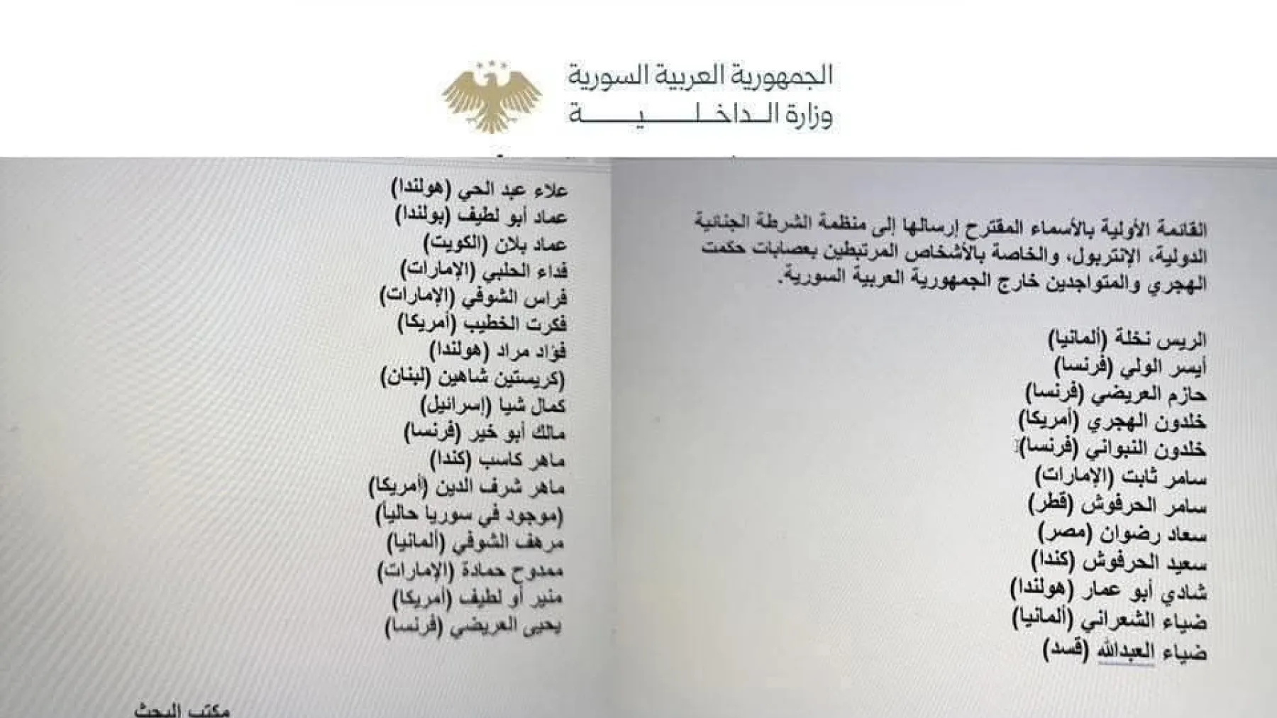 وثيقة مزورة بترويسة وزارة الداخلية تدّعي إحالة أسماء "مرتبطين بعصابات الهجري" إلى الإنتربول